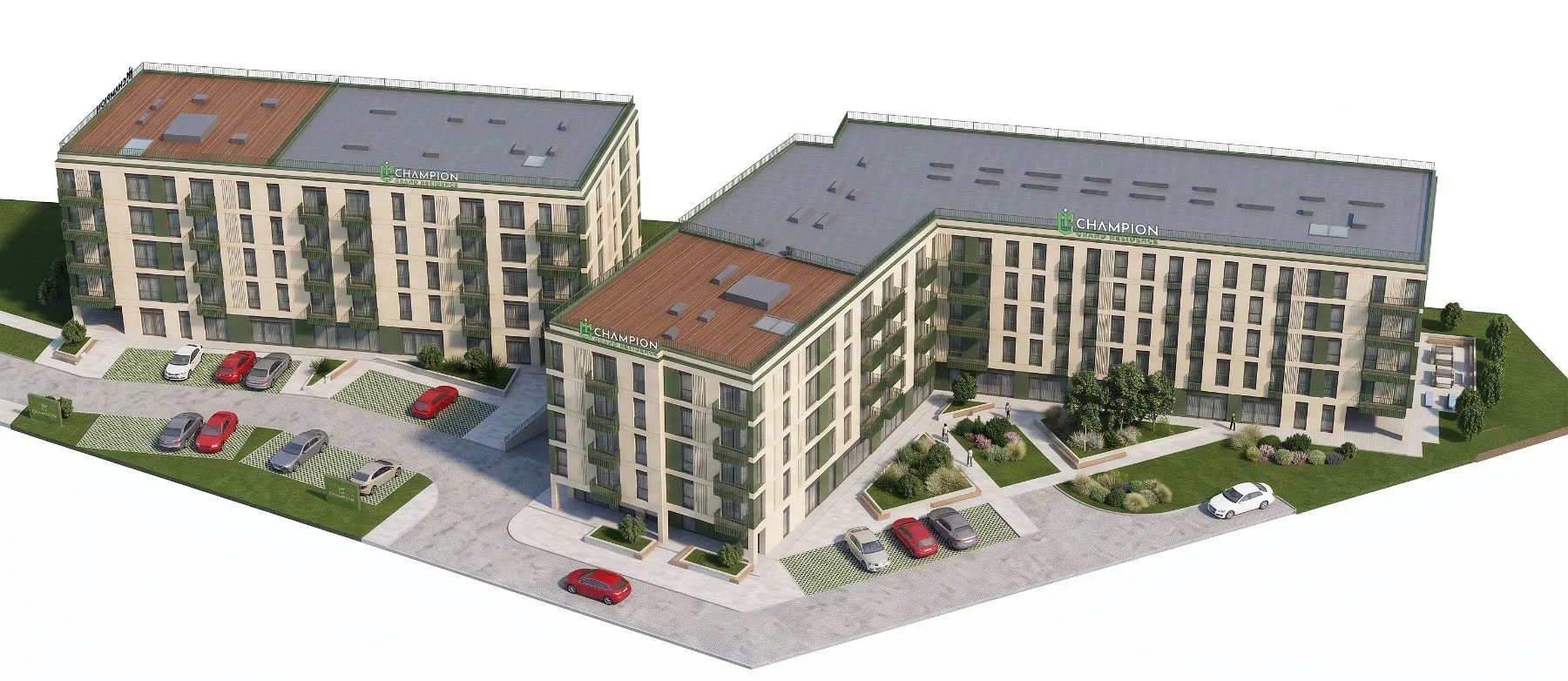 Wizualizacja zespołu budynków przy ul. Derdowskiego 8 w Szczecinie z lotu ptaka